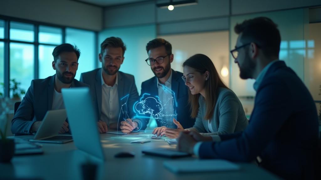 Confident professionals collaborating in a modern office space with digital interface overlays